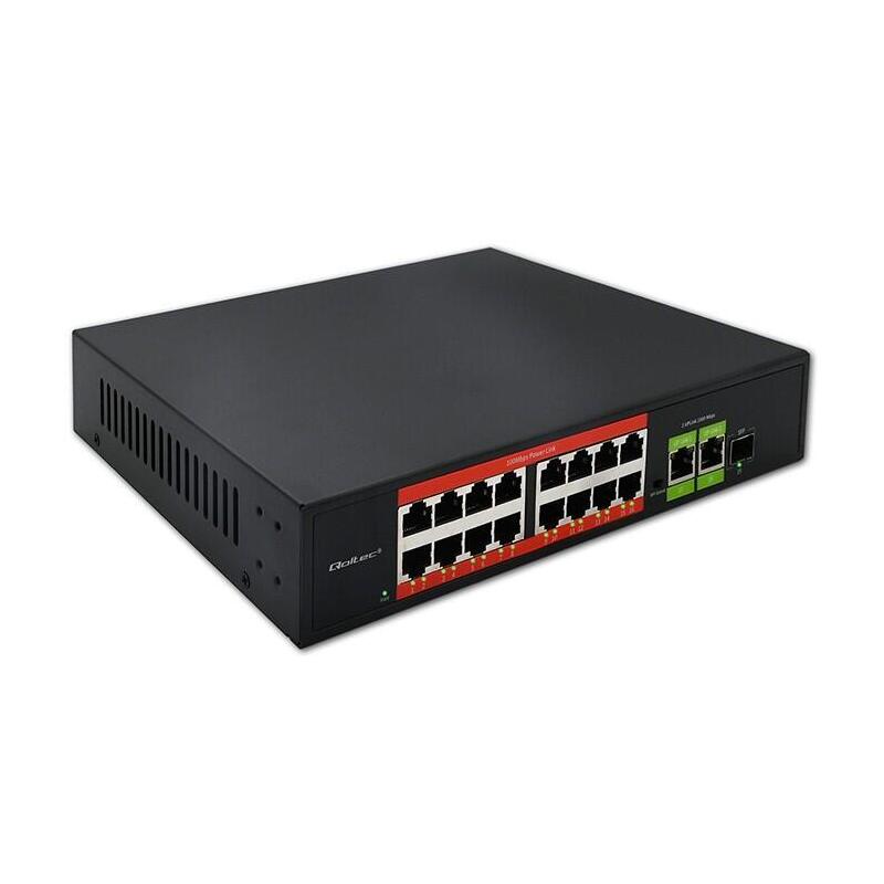 Switch Qoltec 52291 Fast Ethernet Poe 16x Rj45 10 100 Mb S 2x Rj45 Uplink 1000 Mb S 1x Sfp 1000 Mb S