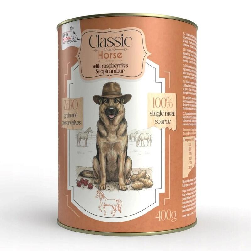 Syta Micha Classic Mono Caballo Con Frambuesas Y Topinambur - Alimento Húmedo Para Perros - 400g