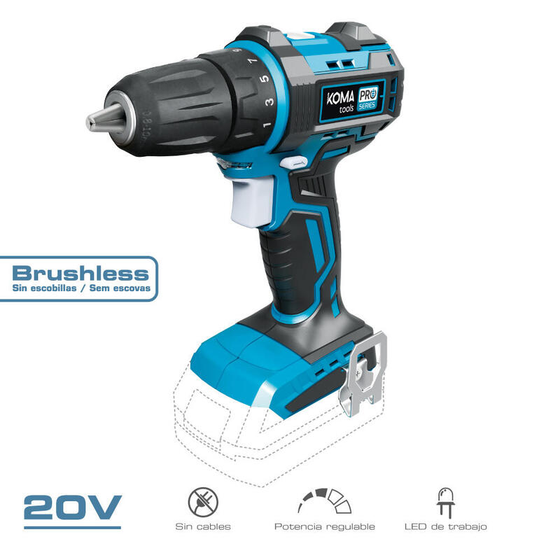 Taladro Atornillador 20v Brushless (Sin Batería Ni Cargador) Portabrocas Ø10mm 18,5x19,6cm Pro Series Battery Koma Tools