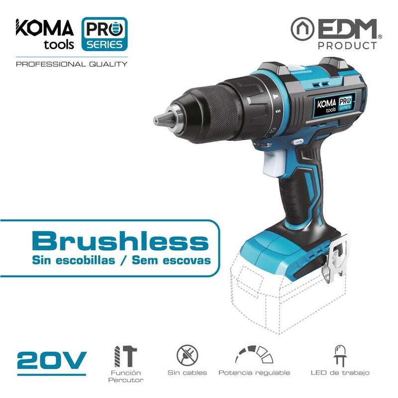 Taladro Percutor/Atornillador 20v Brushless (Sin Batería Ni Cargador) Portabrocas Ø13mm 22x25cm Pro Series Battery Koma Tools