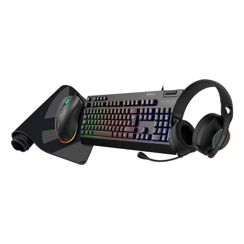 Teclado Español Unykach Pack Gaming Nova 4 En 1  Ratón Cascos, Alfombrilla