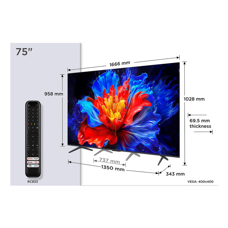 Televisor Tcl 75p8k Smart Tv 75" Qled Uhd 4k Hdr 144 Hz