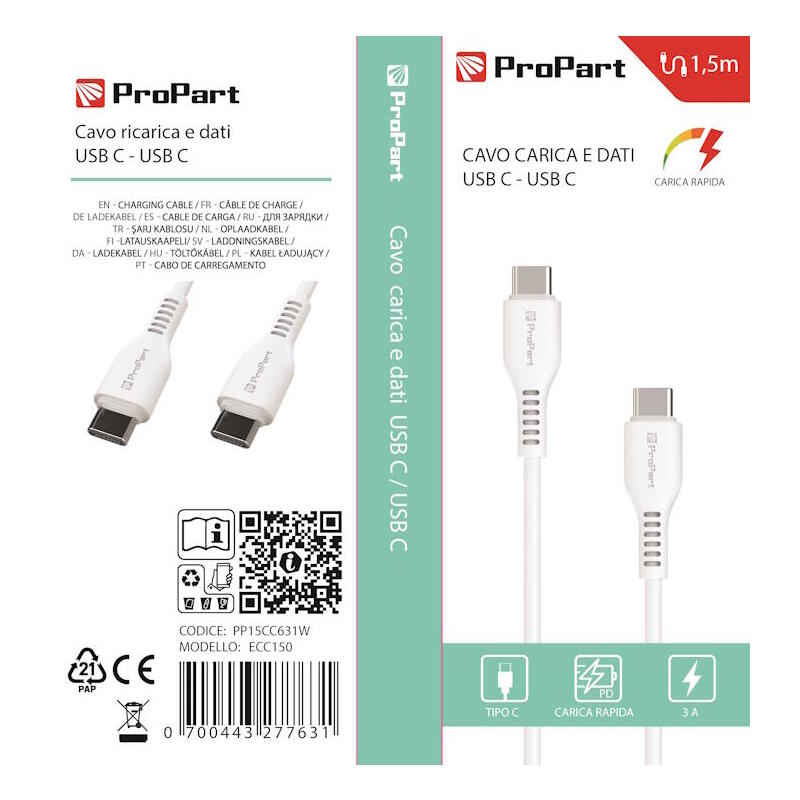 Type-C - C 3a Fast Charging Data Cable Length 1.5 Mt White