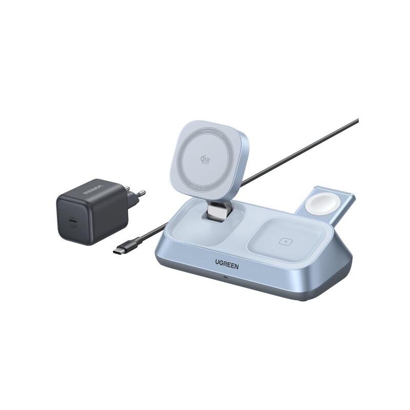 Ugreen W711 Magflow 3-In-1 Magnetisches Cableloses Desktop Ladegert Qi2 25w Fuer Iphone, Airpods Und Watch Silber