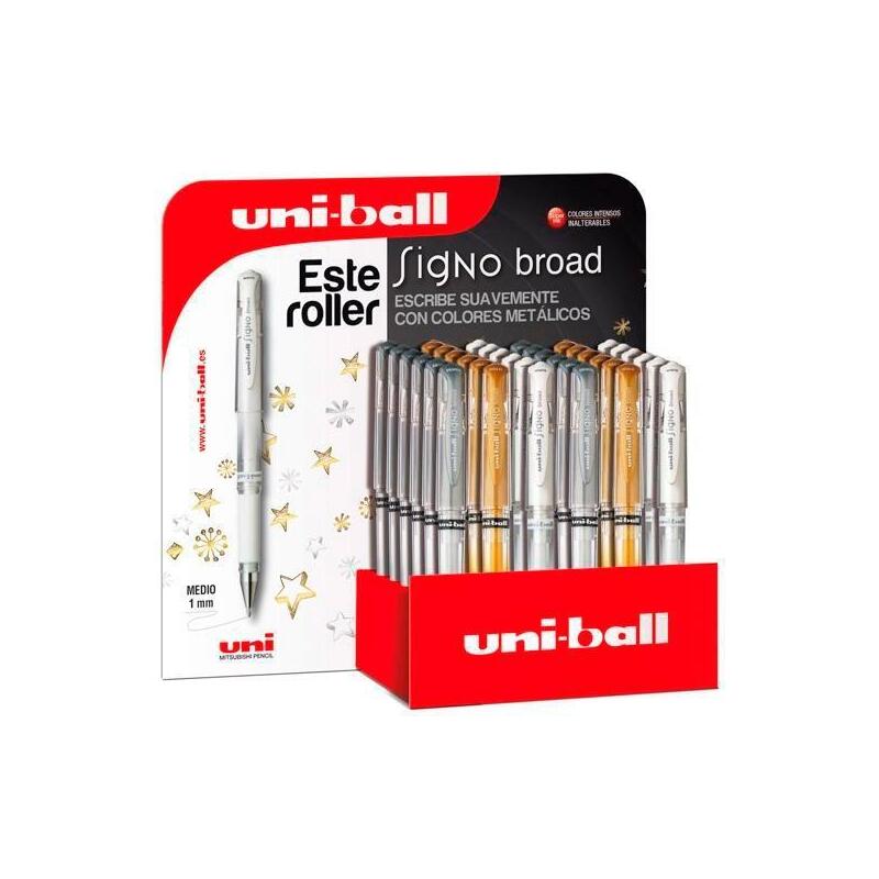 Uniball Expositor Rollerball Signo Broad Um-153 G/S/W 3d Plata-Oro-Blanco -36u-