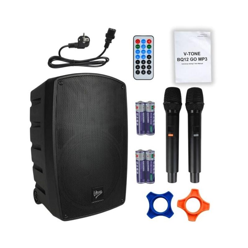 V-Tone Bq12 Go Mp3 - Kolumna Aktywna Akumulatorowa Negro, Bluetooth, Tws, Usb, Sd, Dsp, Aux, Pilot Na Podczerwien, 2x Mikrofon Inalámbrico, Wysuwana Raczka, Kólka Transportowe Zestaw