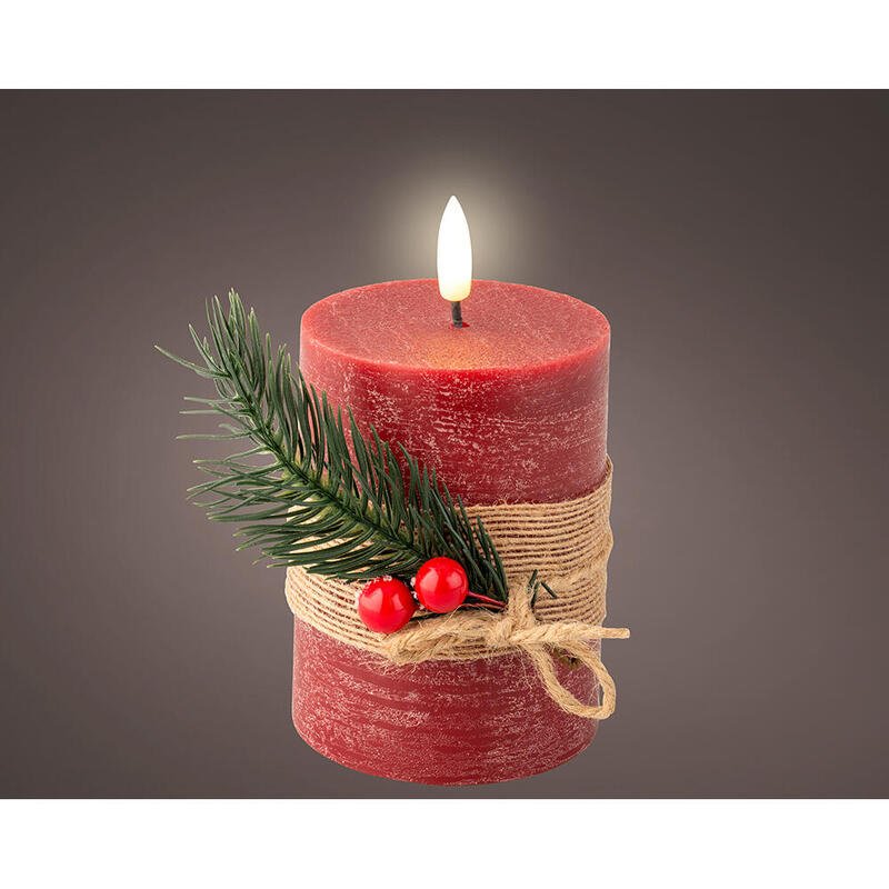 Vela De Cera Led Color Roja, Superficie Rustica Con Ramillete, Ø7,5x13cm. Lumineo