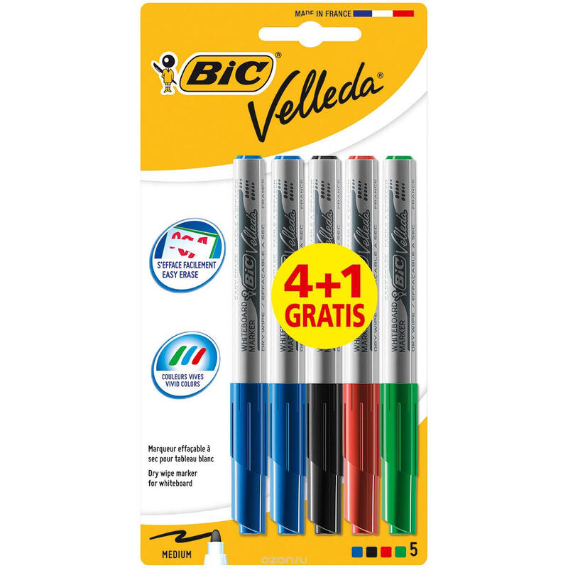 Velleda Marcador 1741 Pizarra Blanca Punta Redonda Surtidos Blister - 4+1 Gratis -