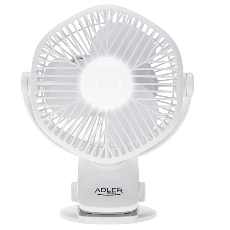 Ventilador  Adler De Mesa Con Batería Y Clip  Ventilador Usb Con Iluminación Led  3 Velocidades Y Giratorio 360°  Ventilador De Abrazadera De 15,3 X 10,5 X 19,9 Cm  Blanco