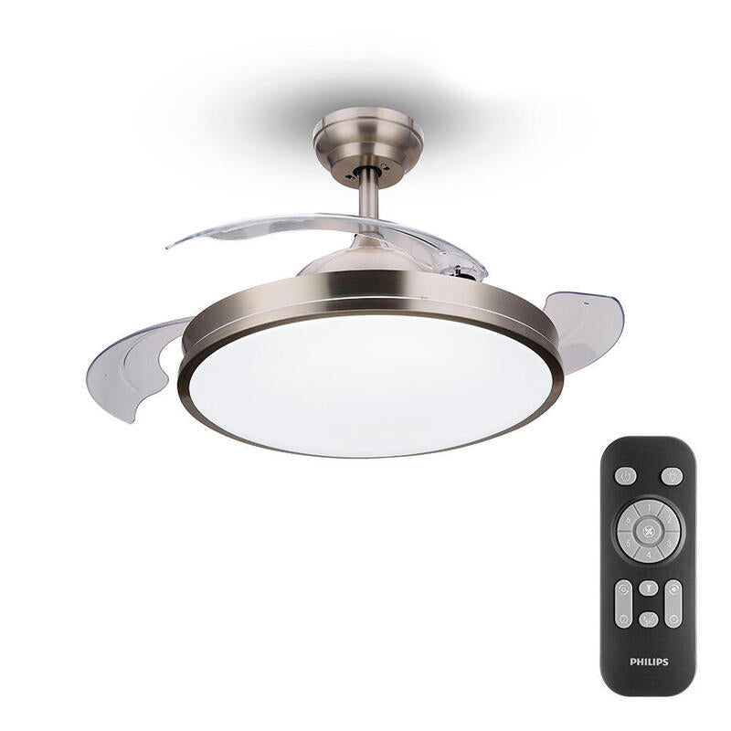 Ventilador De Techo De Led Modelo Atlas. Color Nikel. Potencia: 28+35w Aspas: Ø106cm Con Mando A Distancia Philips