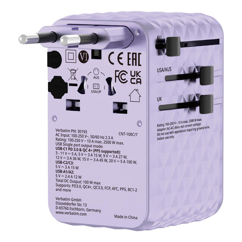 Verbatim Charge 'N' Travel 100w Universal Travel Adapter With Retractable Cable Purple