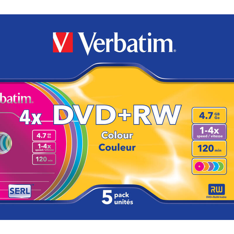 Verbatim Dvd+Rw, 4.7gb, 4x, 5 Pack Slim Case, Superficie 5 Colores