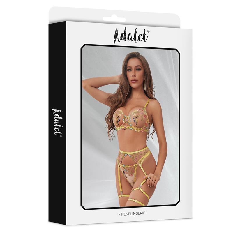 Zoey Set Sujetador, Tanga, Liguero Y Ligas Amarillo Floral Talla (Interno):S/M