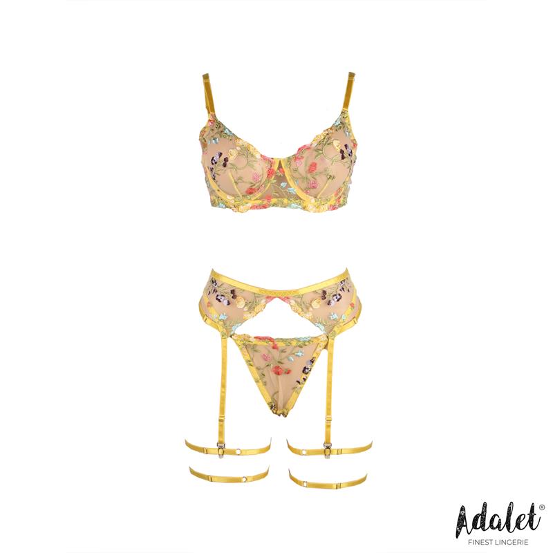 Zoey Set Sujetador, Tanga, Liguero Y Ligas Amarillo Floral Talla (Interno):L/Xl